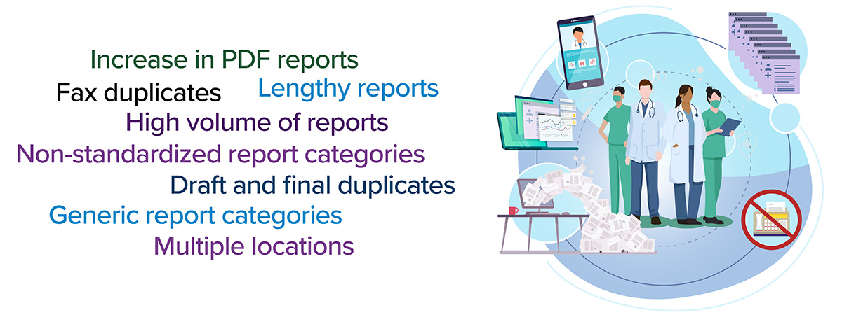 HRM Task Force Word Cloud inluding increase in PDF reports, fax duplicates, lengthy reports, multiple locations,