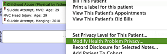 A screenshot of the CPP demonstrating how to modify health problem privacy.
