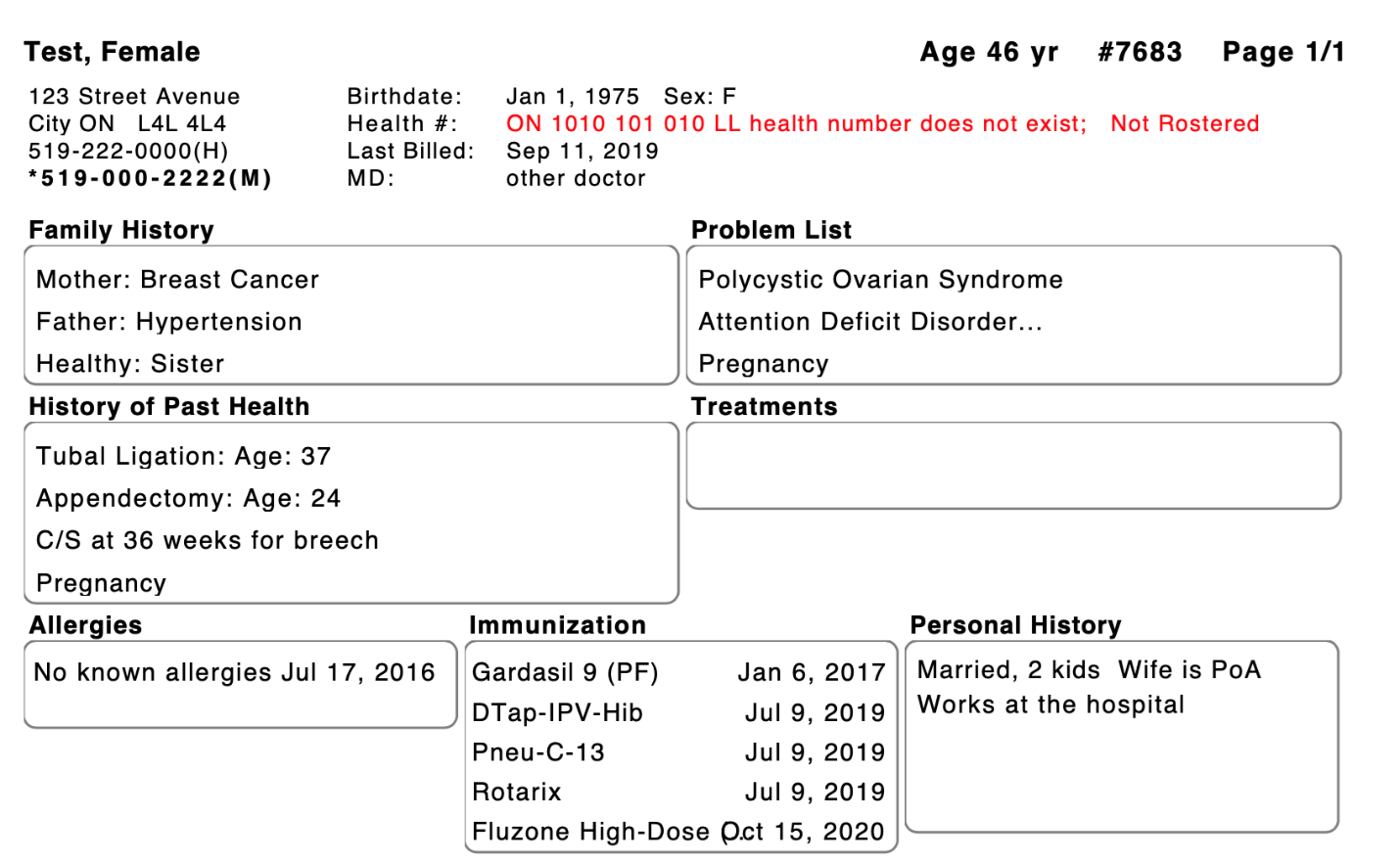 A screenshot of an example of the short form of a patience profile.