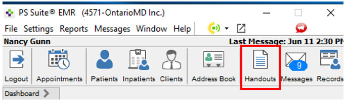 Screen shot image that highlight the handout option on the main tool bar