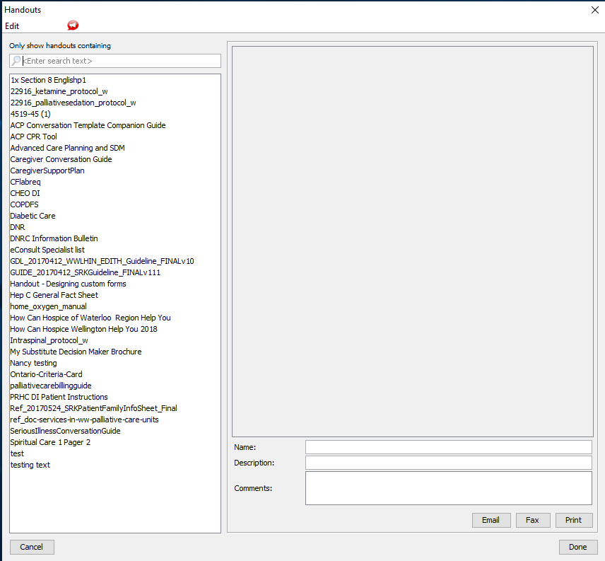 Screenshot image of handouts from the main toolbar on the PS Suite EMR
