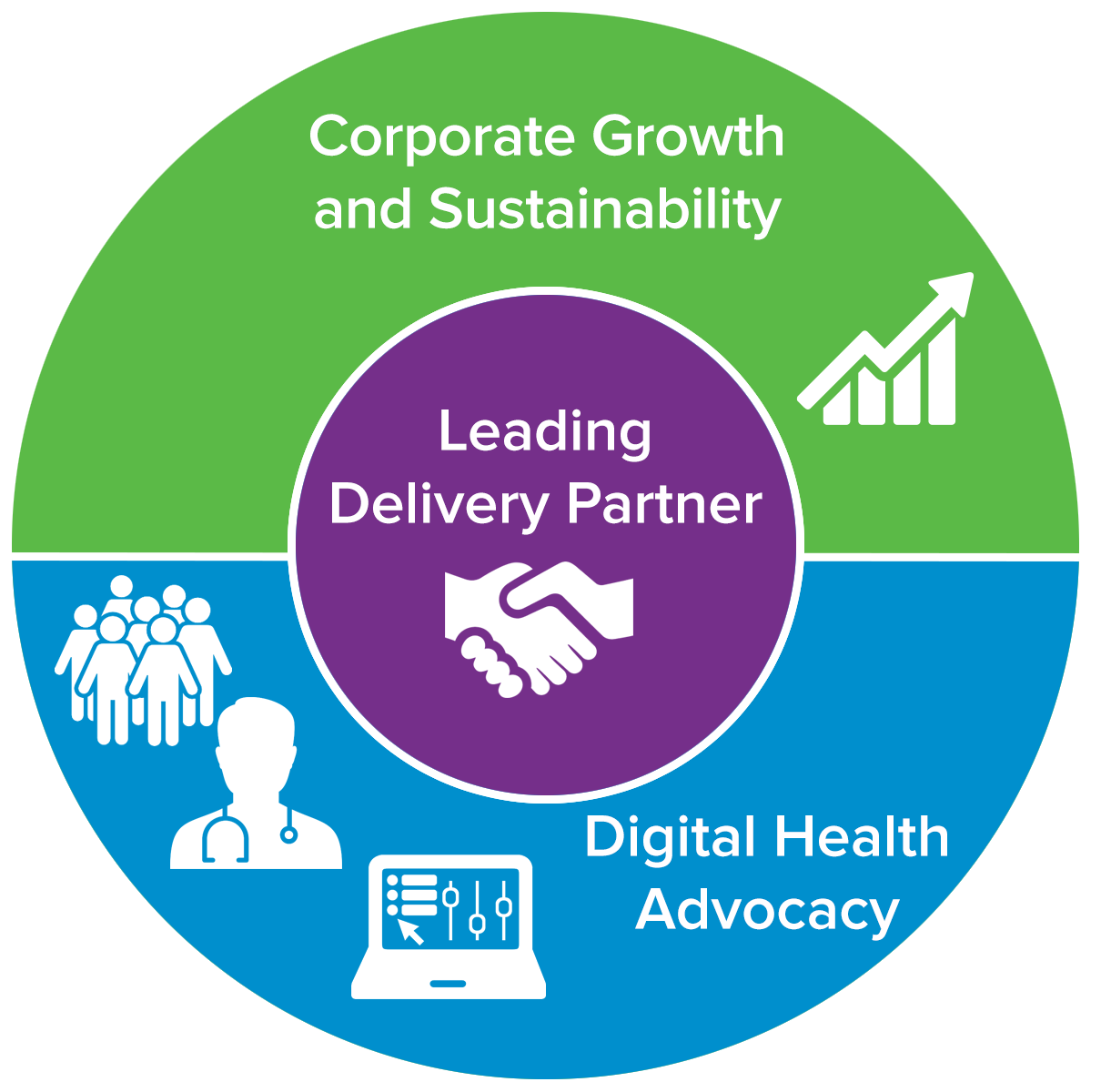 A circle divided into 3 parts with corporate growth and sustainability; leading delivery partner; and digital health advocacy 
