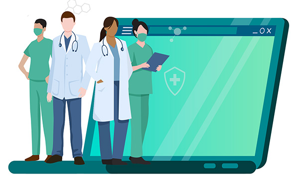 Doctors, nurses, and clinicians ready to help, standing on a laptop holding tablets.